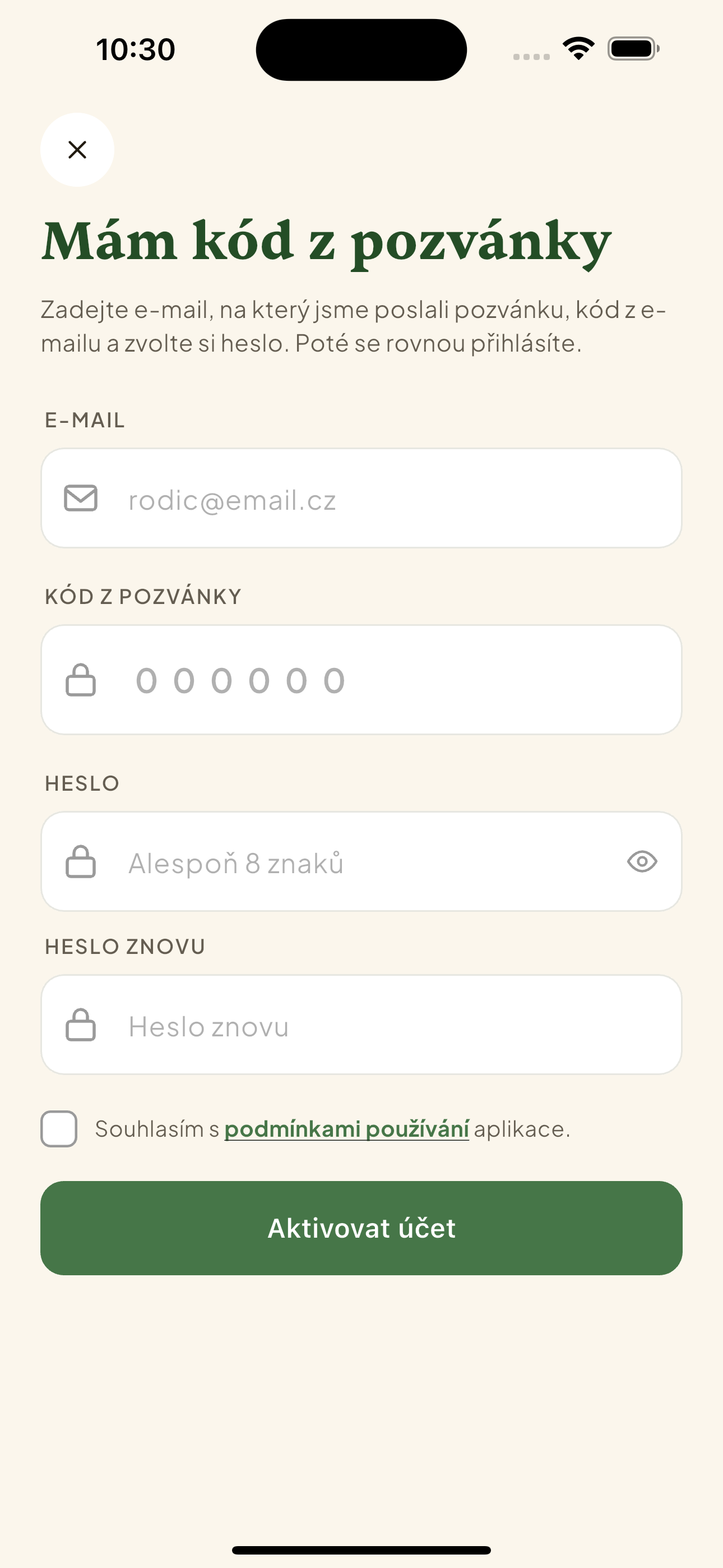 Obrazovka „Mám kód z pozvánky" s vyplněnými poli