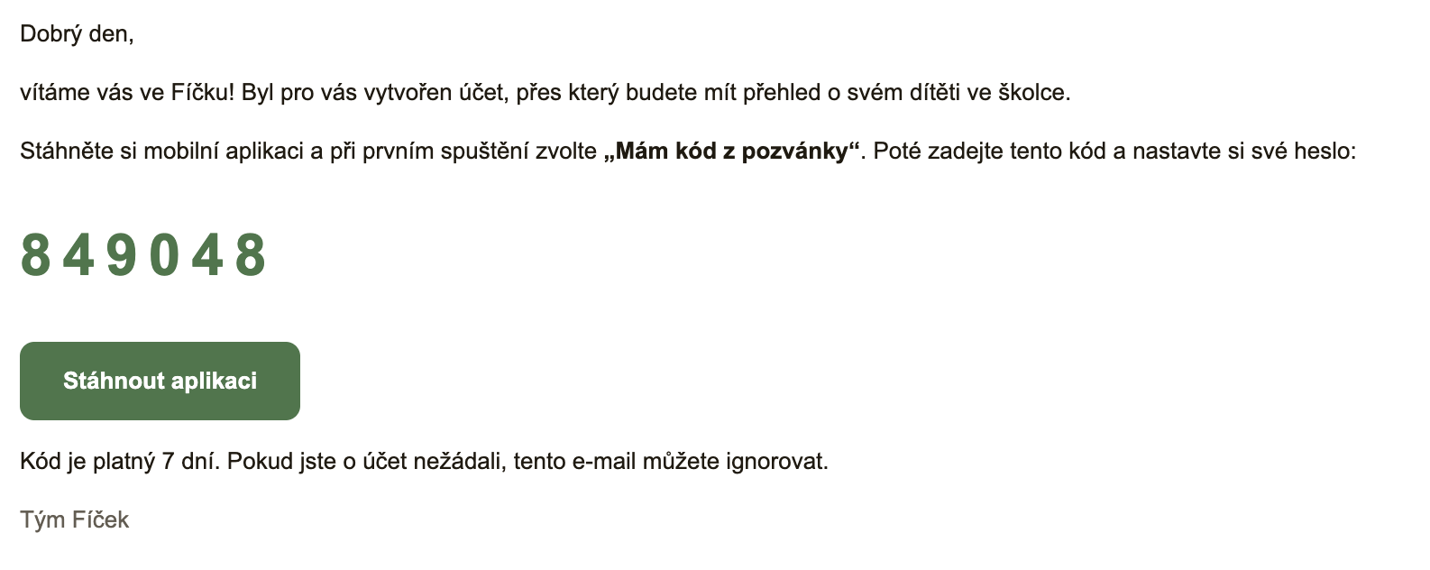 E-mail s pozvánkou a šestimístným kódem