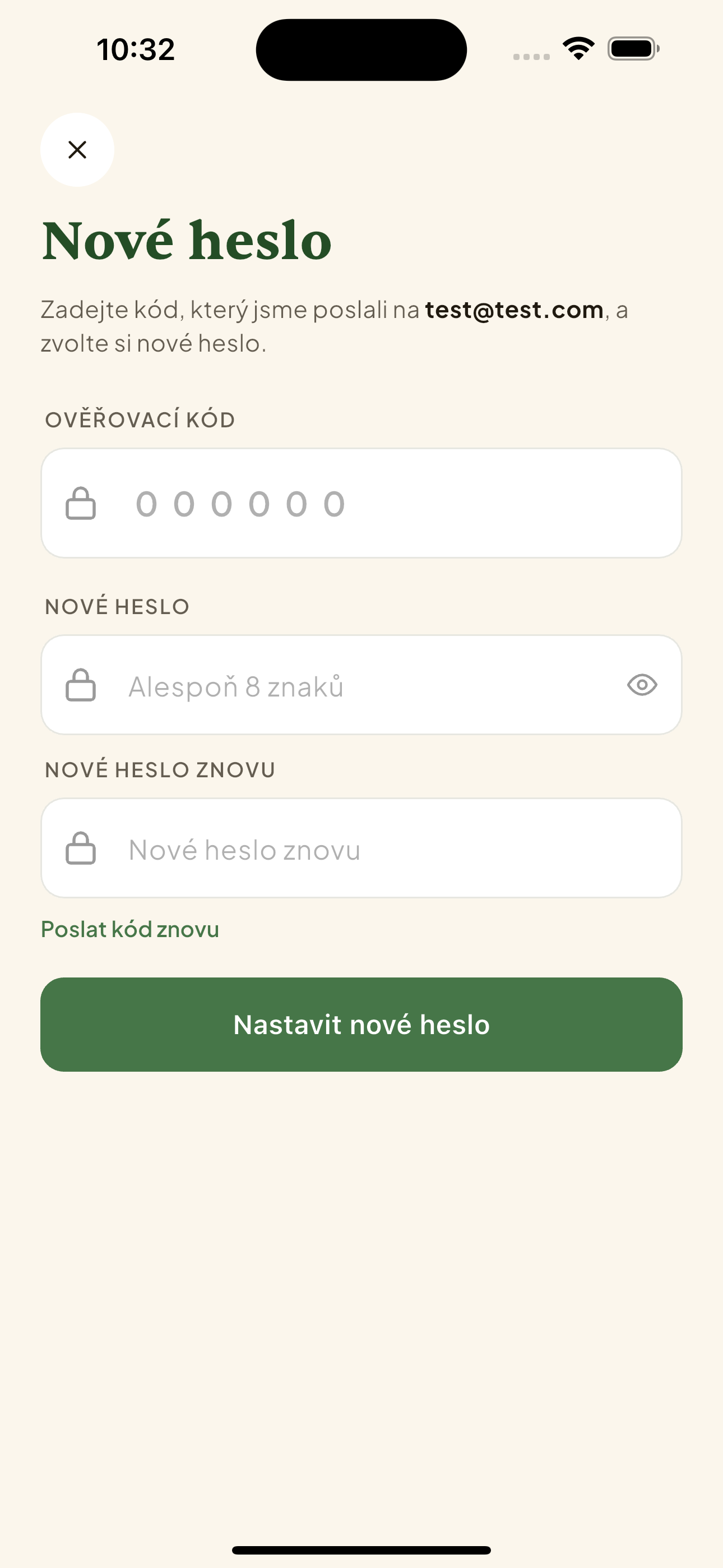 Obrazovka „Nové heslo" s polem pro ověřovací kód