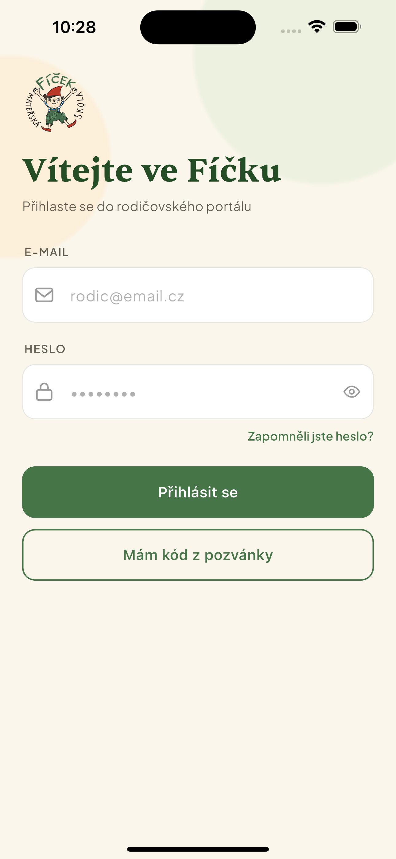 Úvodní obrazovka „Vítejte ve Fíčku" s poli e-mail a heslo