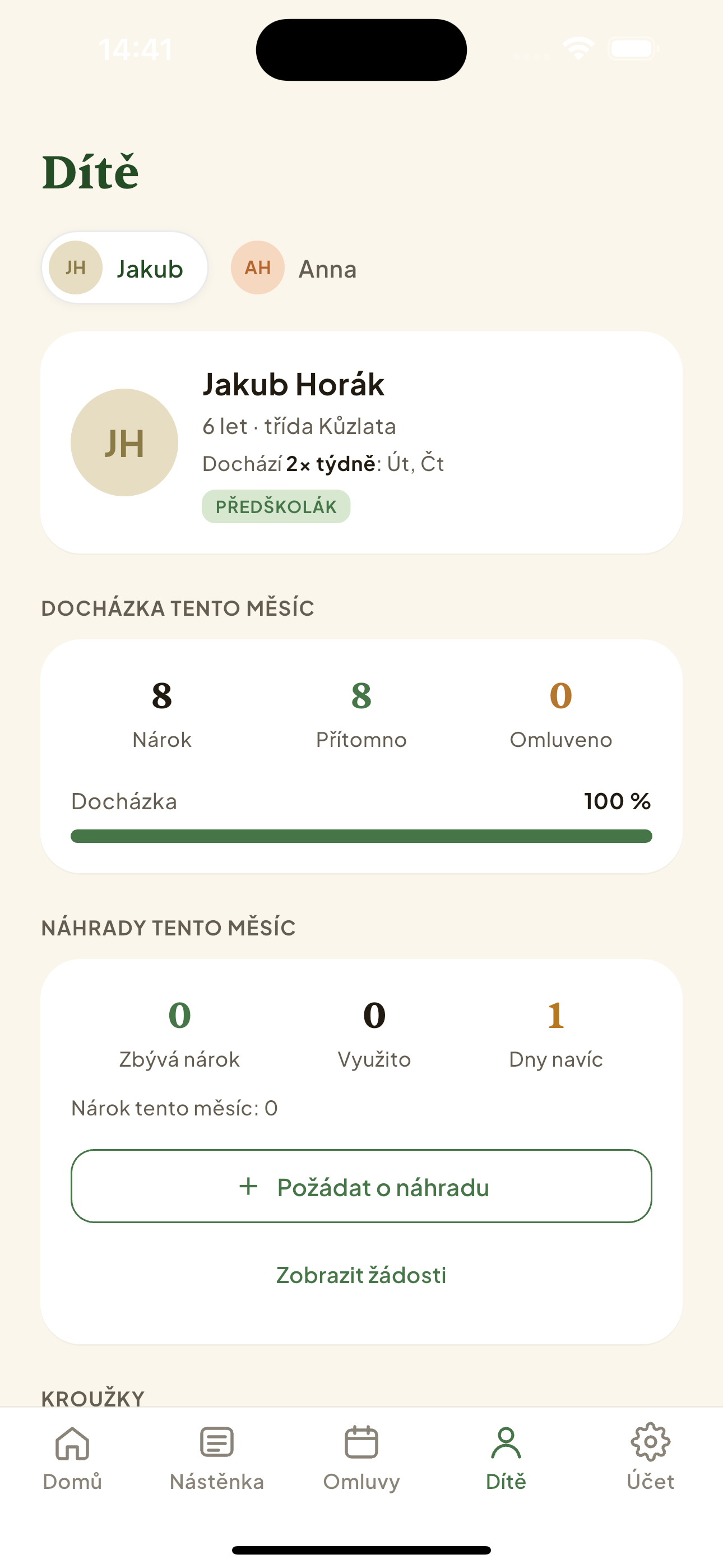 Profil dítěte v záložce „Dítě"