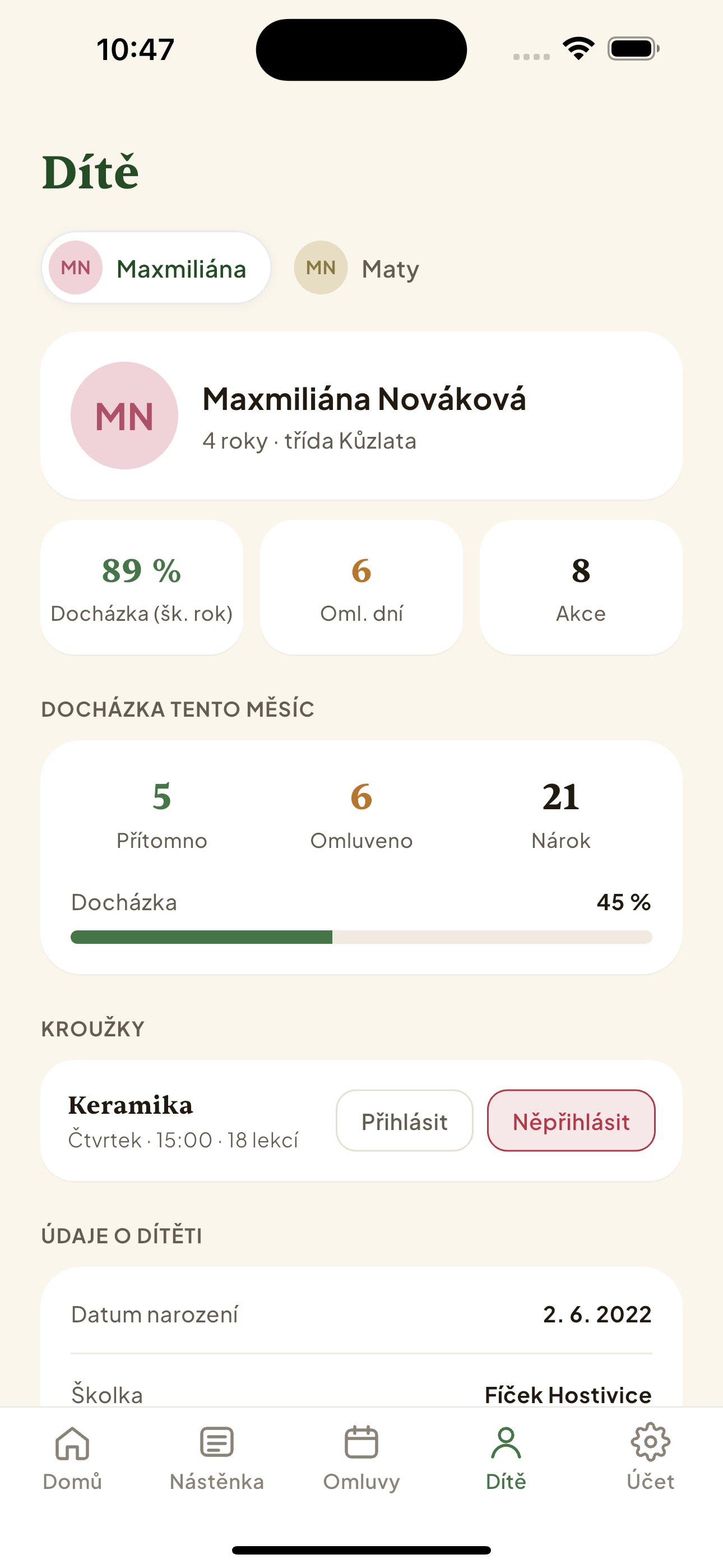 Profil dítěte v záložce „Dítě"