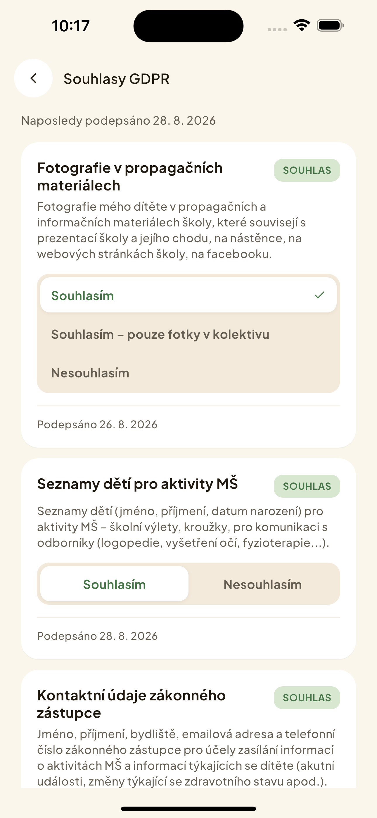 Obrazovka „Souhlasy GDPR"