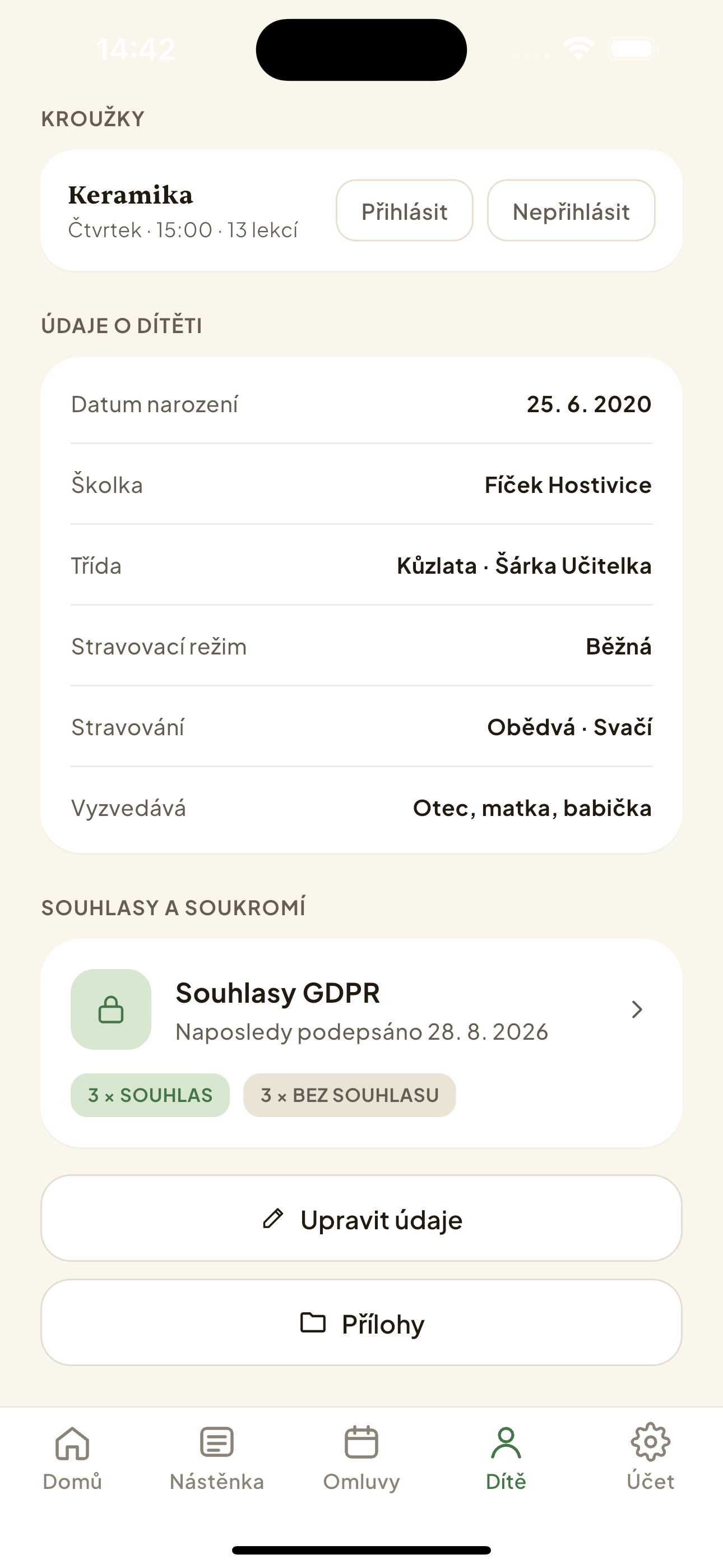 Sekce „Údaje o dítěti" s tlačítky Upravit údaje a Přílohy