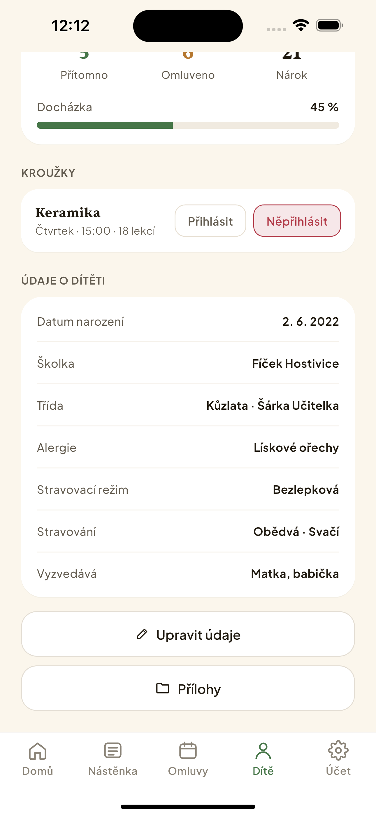 Sekce „Údaje o dítěti" s tlačítky Upravit údaje a Přílohy