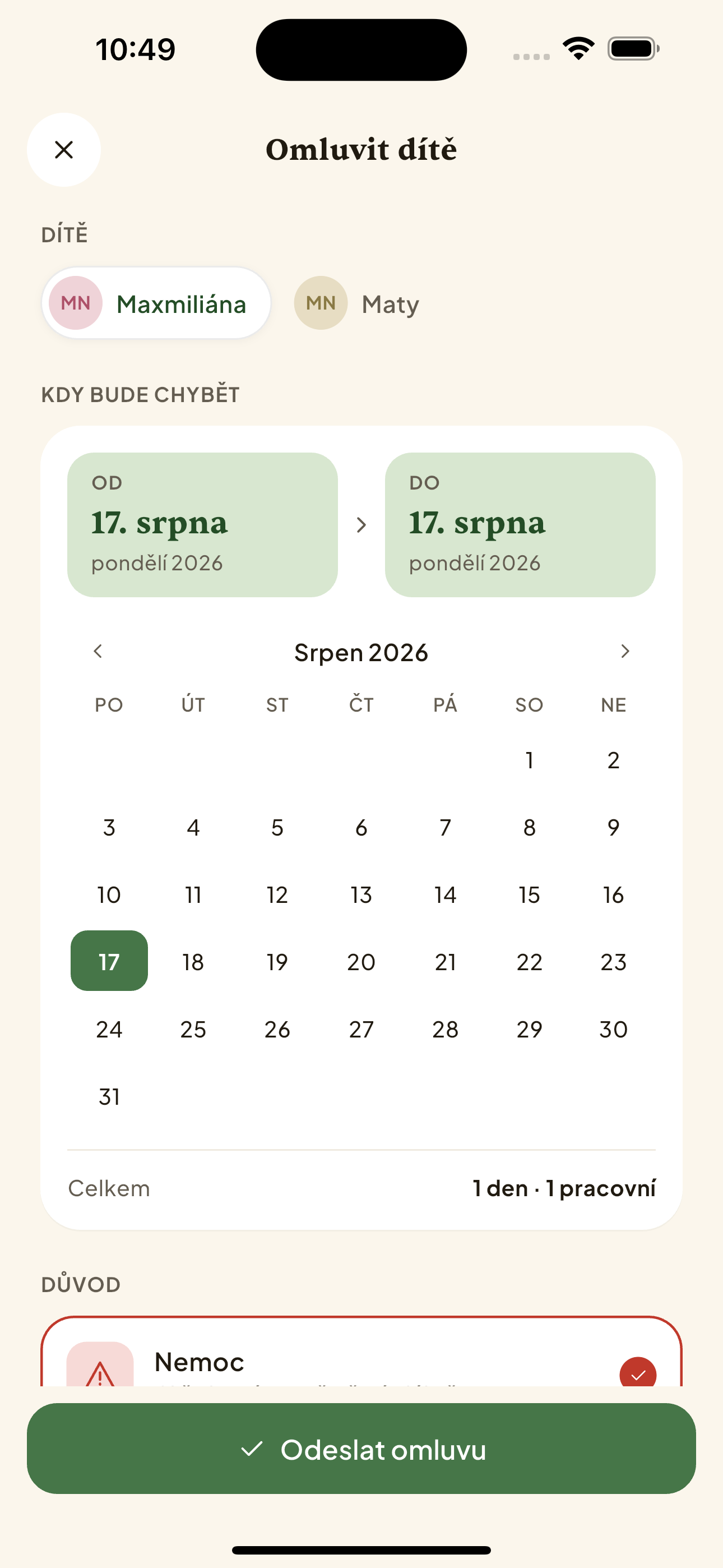 Formulář nové omluvenky s kalendářem a výběrem důvodu