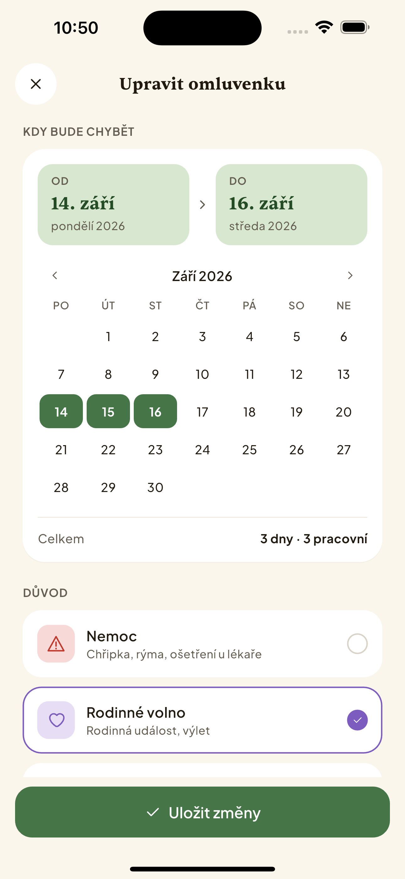 Úprava existující omluvenky