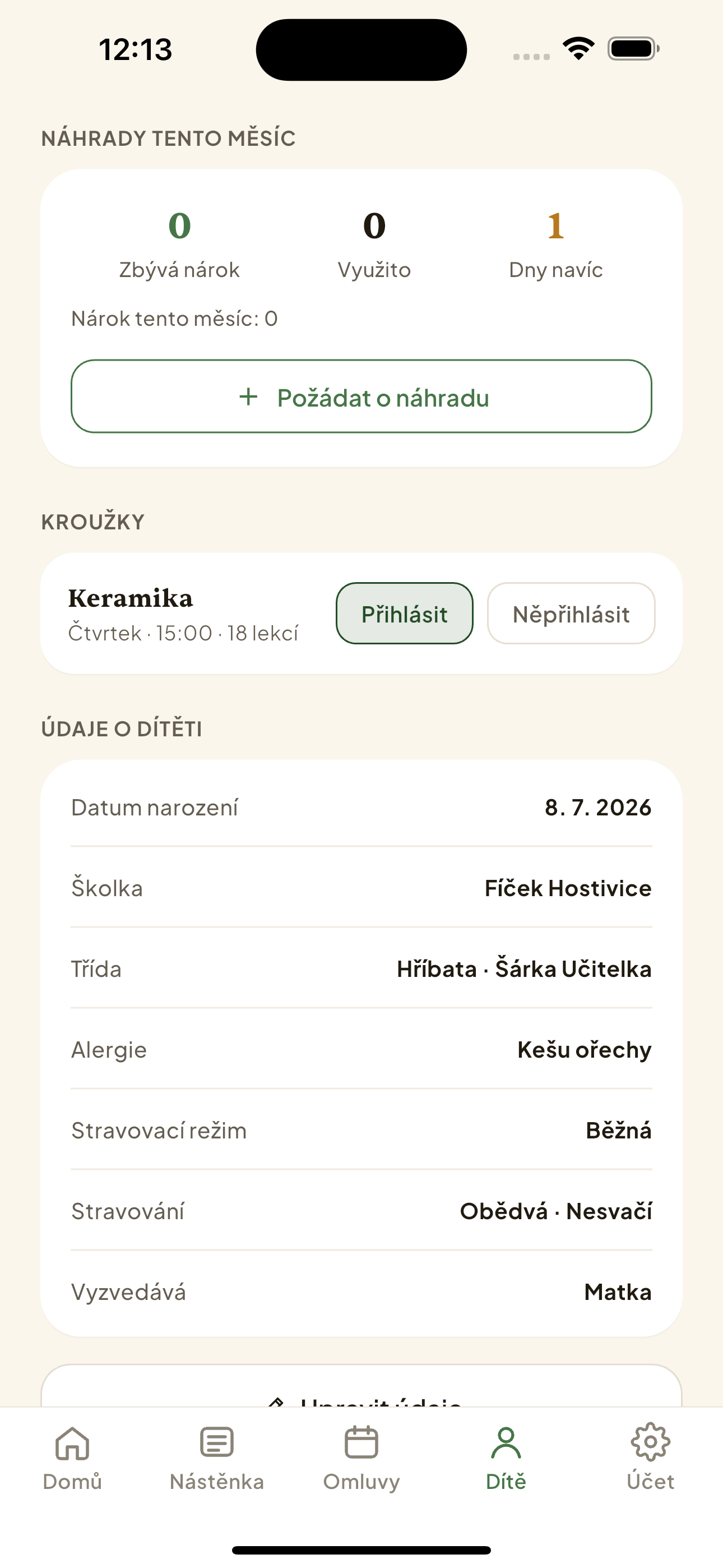 Karta „Náhrady tento měsíc" na profilu dítěte