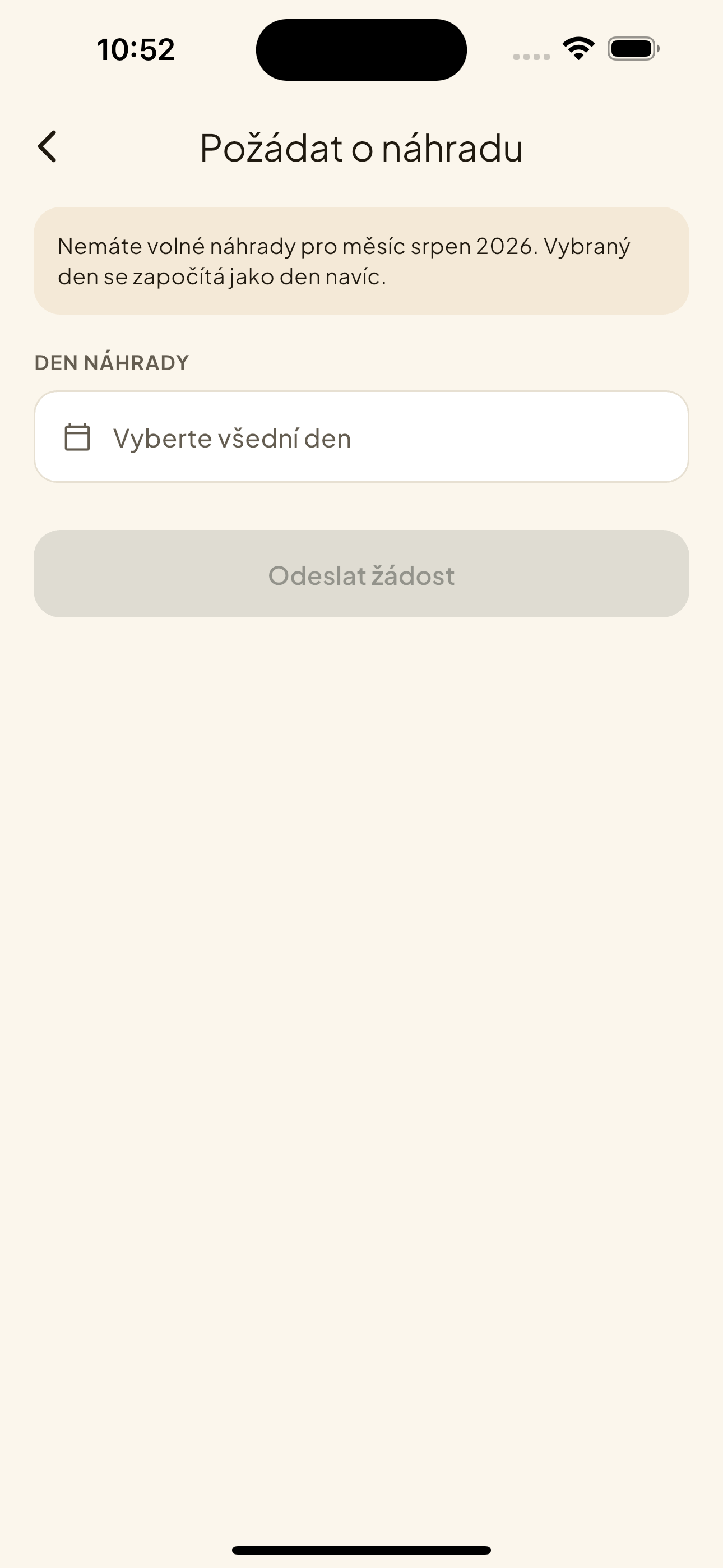 Formulář „Požádat o náhradu" s výběrem dne