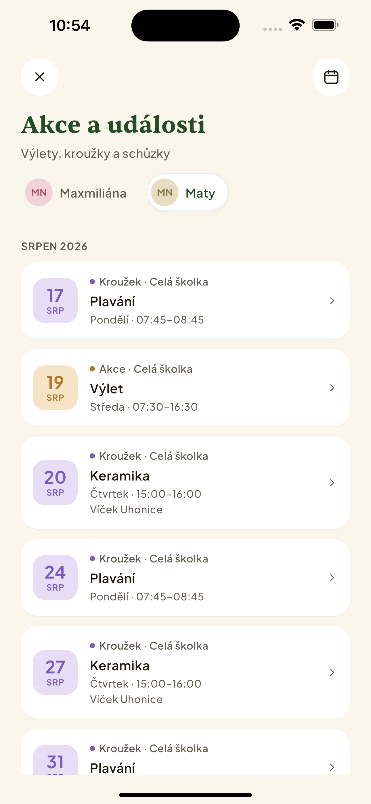 Přehled akcí v zobrazení seznam / kalendář