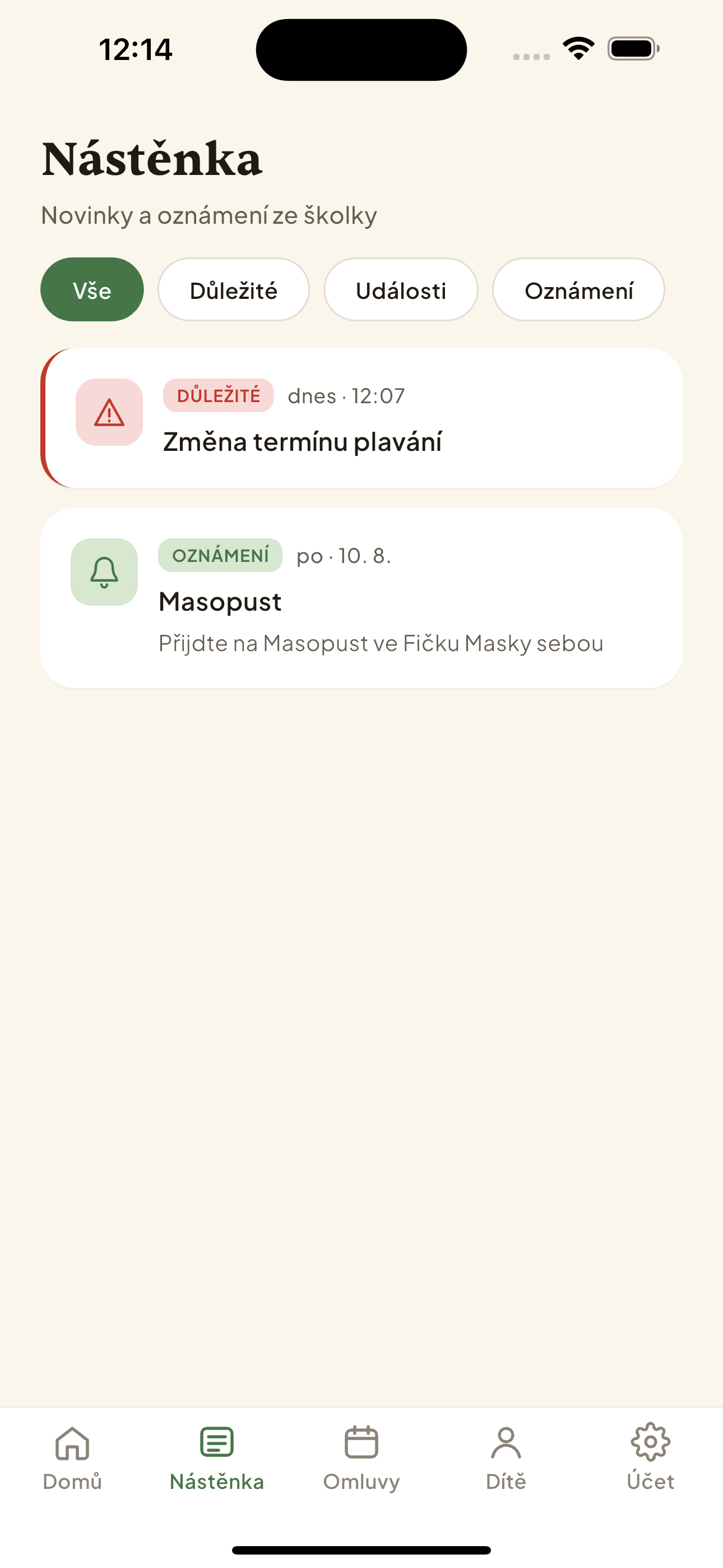 Nástěnka s filtry a seznamem příspěvků