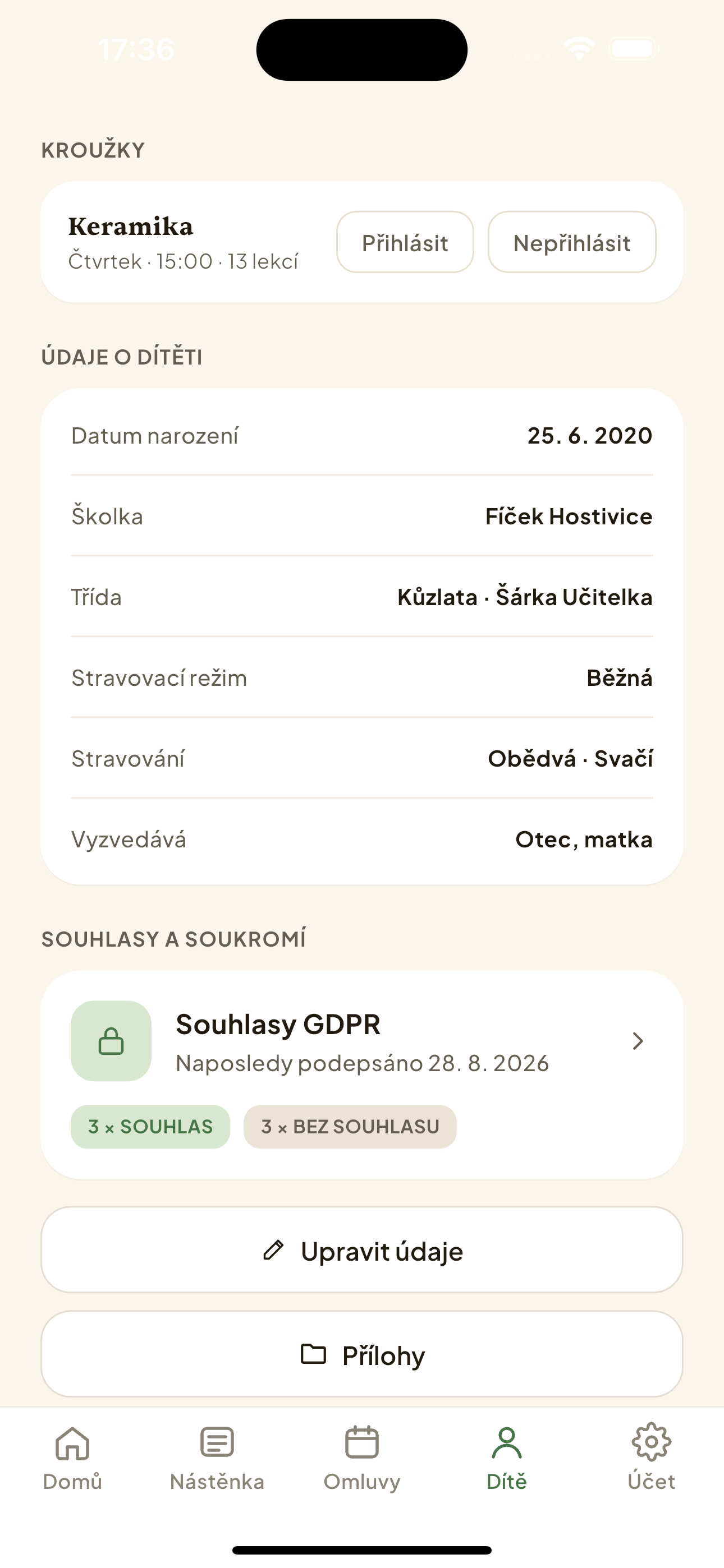 Sekce „Vaše děti" s tlačítky Přihlásit / Nepřihlásit