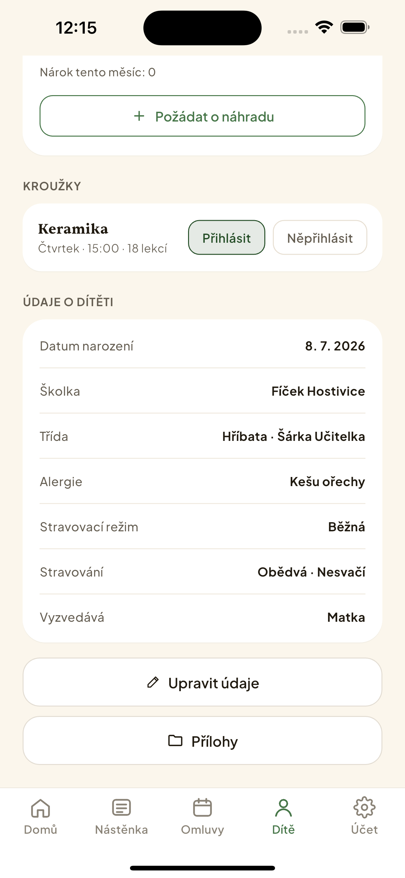 Sekce „Vaše děti" s tlačítky Přihlásit / Nepřihlásit