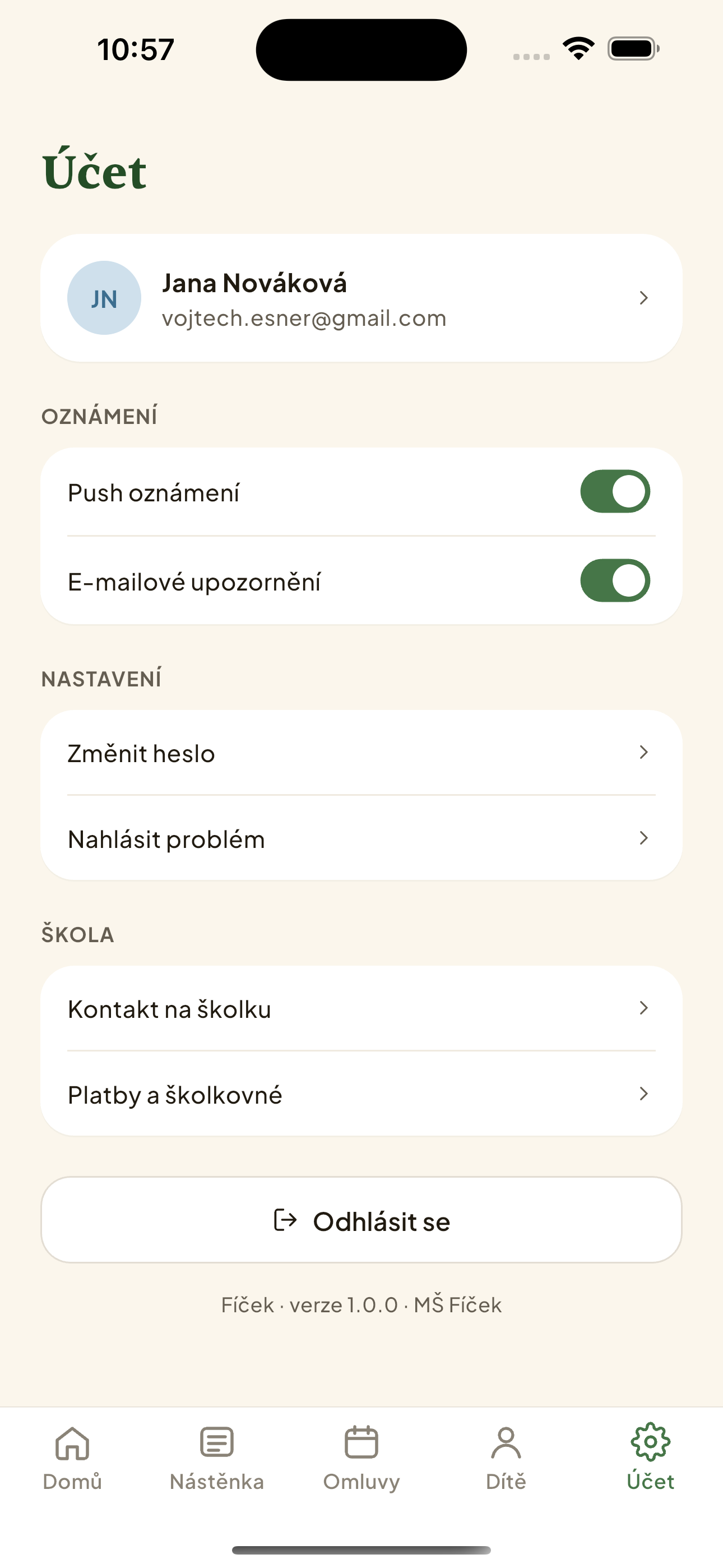 Obrazovka „Účet"